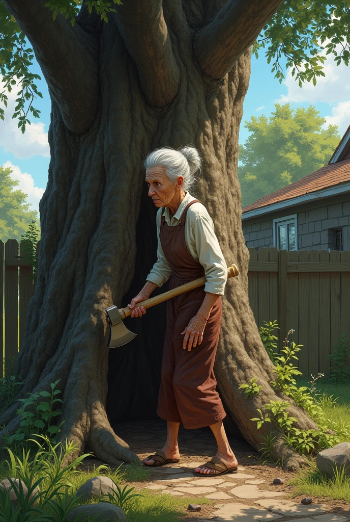 Elderly lady trying to cut down a tree