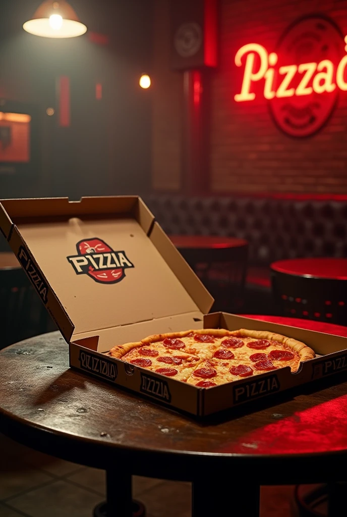 A photo for a CD cover. Estilo Hard-Rock anos 80's. A rock bar, a table in front with a half-open mozzarella pizza box, missing some slices and cheese dripping. On the lid of the pizza box there is a logo with the name: "pizzIA".