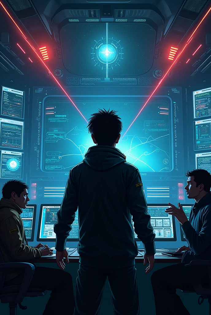Panel 2: The Visual Conflict: Primer plano del Data Specialist, with a determined expression, looking at the leader as he points to one of the screens.
Dialogue:
Data Specialist: "We should move now! If we wait more, It might be too late."
Setting Text: "The pressure grows with every passing minute.."
