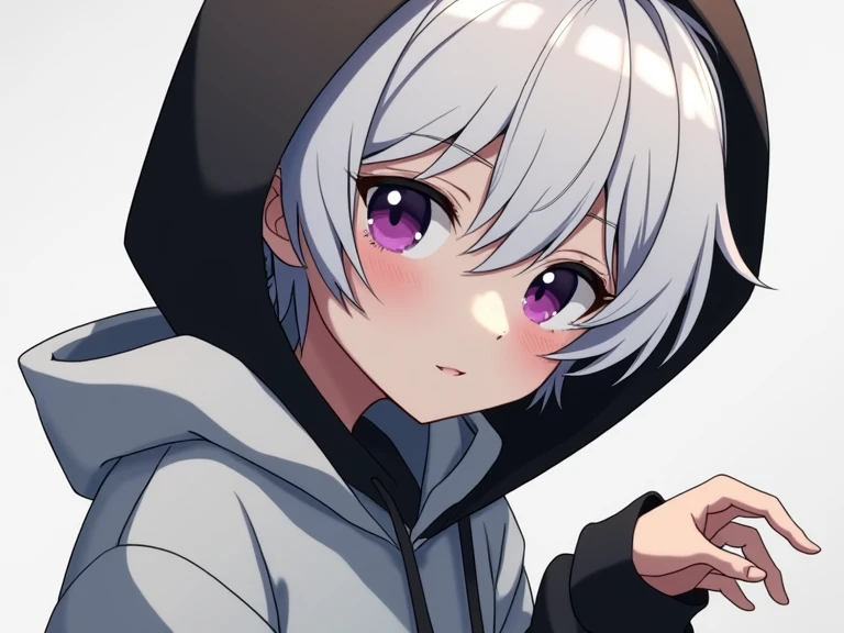 4K, Sweatshirt hoodie, White hoodie, High resolution, Upper Body, Shota, , Center Parting, White Hair, Shortcuts, alone, Beastly Quality, Purple eyes, White background, Anime Style