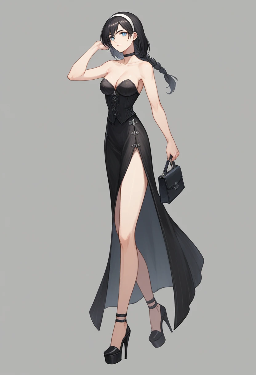 ((ultra detailed, masterpiece, best quality)) FF8Rinoa, 1girl, solo, single braid, blue eyes, black hair, white hairband, black choker, medium Breasts hanging, black corset strapless sexy, white sexy miniskirt, sexy long legs, black platform high heels wedges,  full body shot 