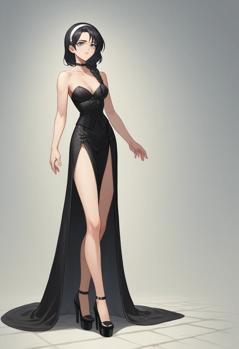 ((ultra detailed, masterpiece, best quality)) FF8Rinoa, 1girl, solo, single braid, blue eyes, black hair, white hairband, black choker, medium Breasts hanging, black corset strapless sexy, white sexy miniskirt, sexy long legs, black platform high heels wedges,  full body shot 