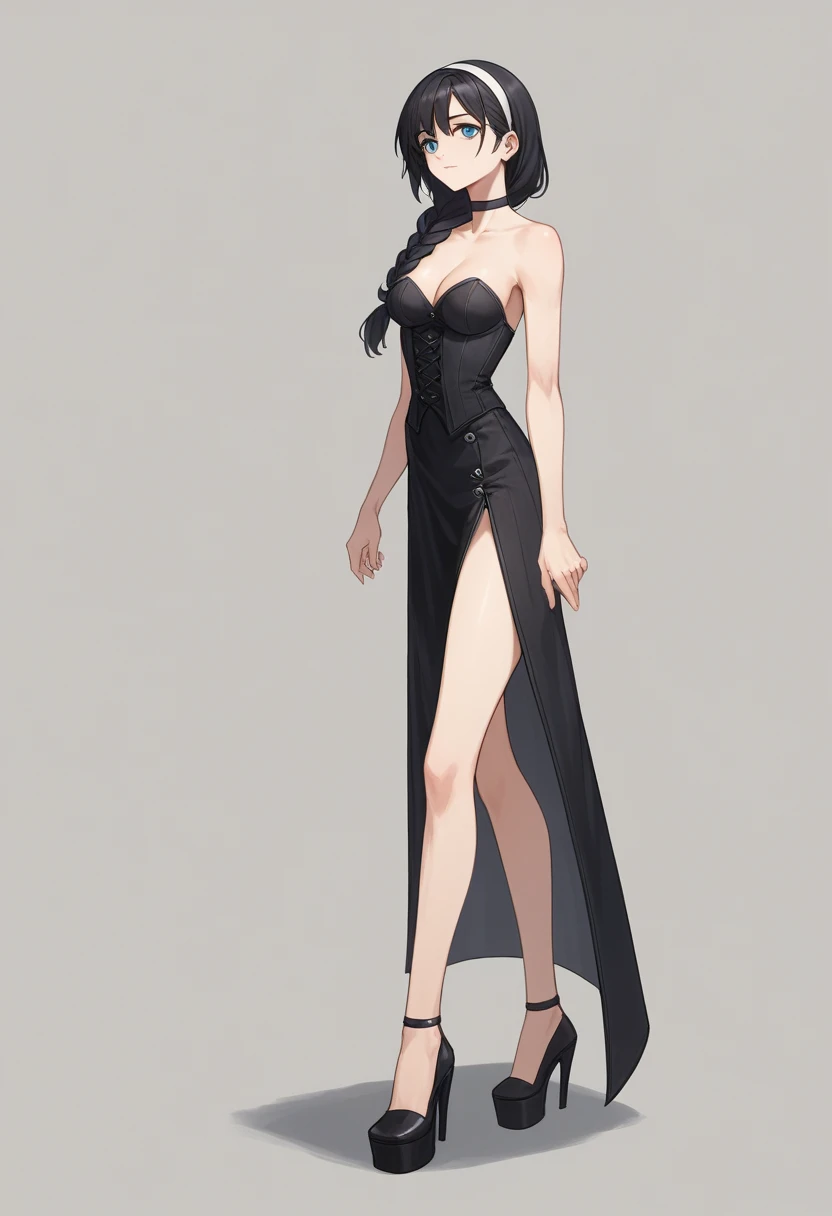 ((ultra detailed, masterpiece, best quality)) FF8Rinoa, 1girl, solo, single braid, blue eyes, black hair, white hairband, black choker, medium Breasts hanging, black corset strapless sexy, white sexy miniskirt, sexy long legs, black platform high heels wedges,  full body shot 