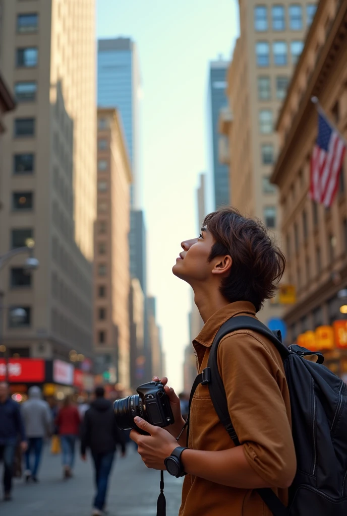 A TOURIST IN THE CITY, natural light, realistic photo, photo taken from afar,
