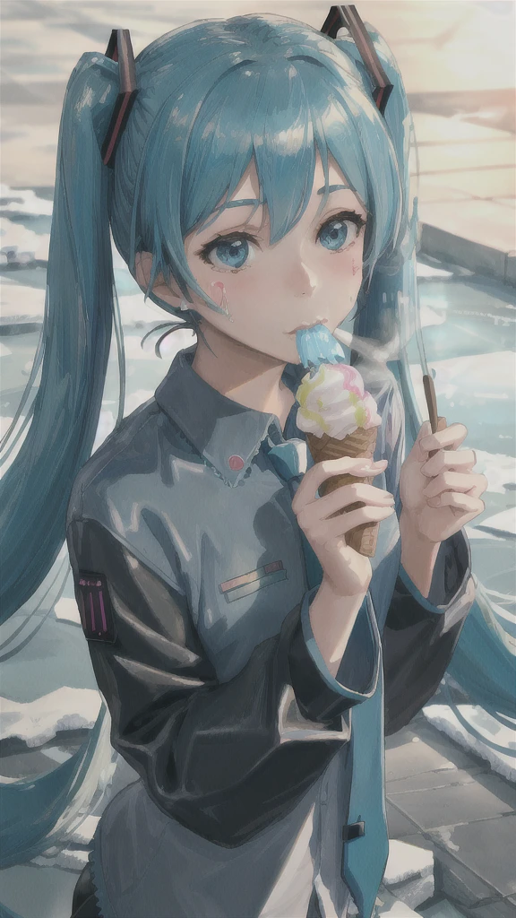 deep throat, Eating ice cream,  Dirt on face, hatsune miku, Smoking ice cream,  (8k, RAW Photos, Highest quality, Ultra-high resolution, Realistic, masterpiece, Very detailed, Unreal Engine)