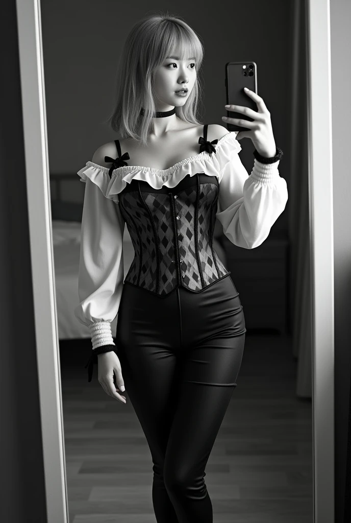 highly detailed, beautiful, hyper Realistic girl, masterpiece, best quality, Japanese sexy gravure woman, 28-years-old, identity hidden, all body shot, , takes a selfie in her room using a smartphone in front of a mirror with one hand, fashion model Posing, standing, looking away from the camera, /// gray arranged hair, light color eyes, Realistic skin, Detailed face, /// Monochrome Pierrot Costume, Opt for a fitted corset bodice with black and white diamond patterns, accentuating the waist, Layer with a ruffled, off-the-shoulder blouse in contrasting black and white hues, adorned with oversized bows for a whimsical touch, BREAK Pair with high-waisted black pants, featuring exaggerated ruffles or pleats for added volume and drama, Accessorize with black and white striped stockings or tights, and patent leather ankle boots with oversized buckles for a modern twist on classic clown footwear, arranged gray hair, /// Monotone simple modern taste single room, mirror, complicated background