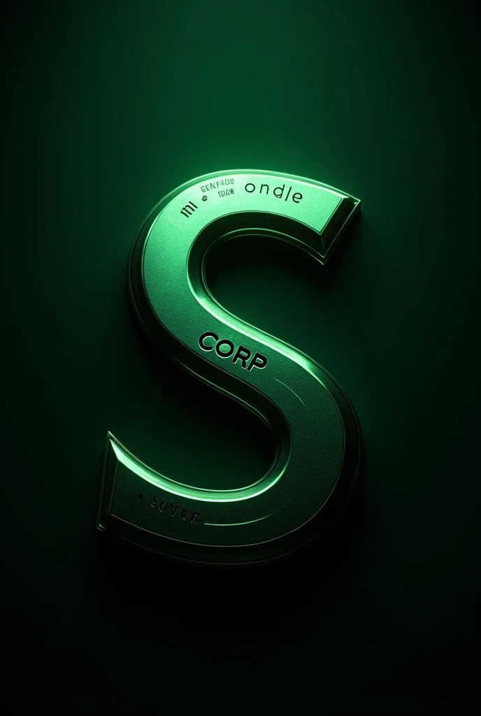 a metallic green logo with the text "S CORP" and the zodiac sign of scorpio, modern and espionage style, highly detailed, 8k, photorealistic, cinematic lighting, dramatic shadows, elegant, minimalist, sophisticated, dynamic composition, futuristic, high contrast, technical, sleek, glossy, premium