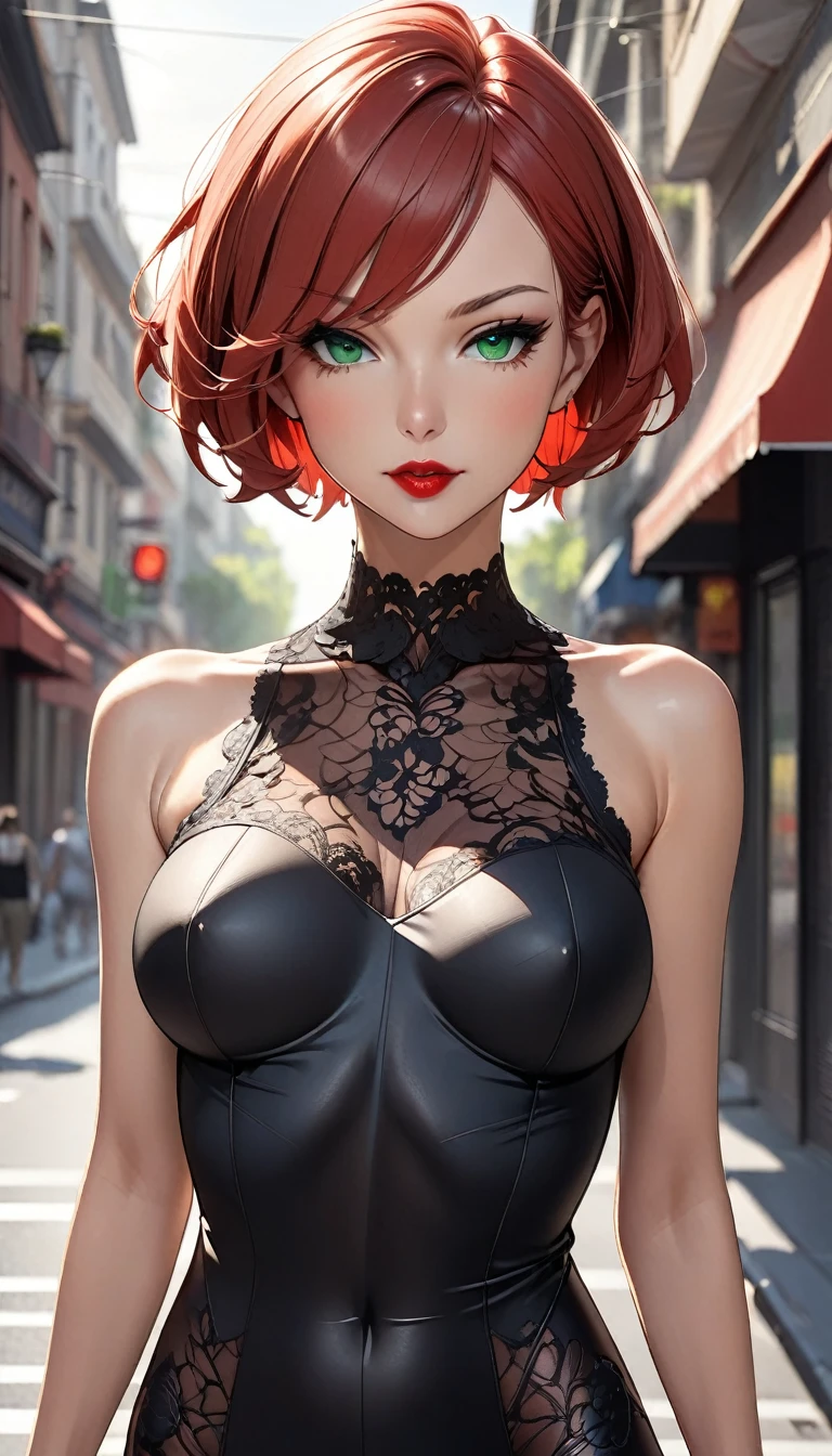 beautiful woman, ((caucasian skin)), red hair, short hair, confident, ((streets)), red lipstick, lace catsuit, green eyes, walking, portrait, slender body, seductive, medium size breasts, slim ling legs body (Nude:1.0)