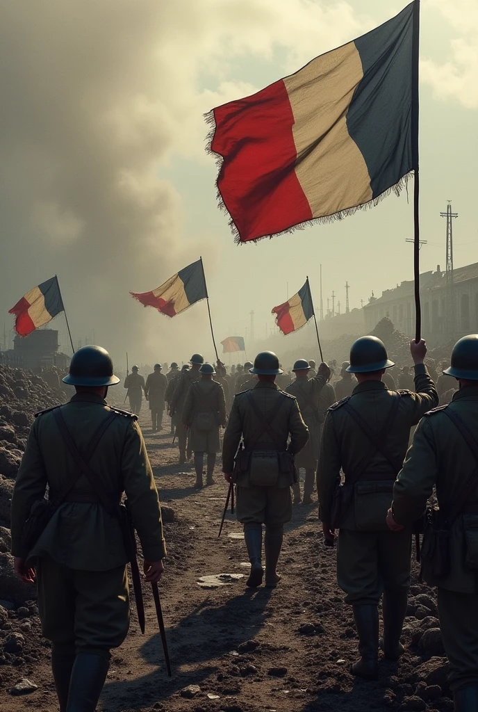 German soldiers retreat from Verdun as French soldiers wave victory flags