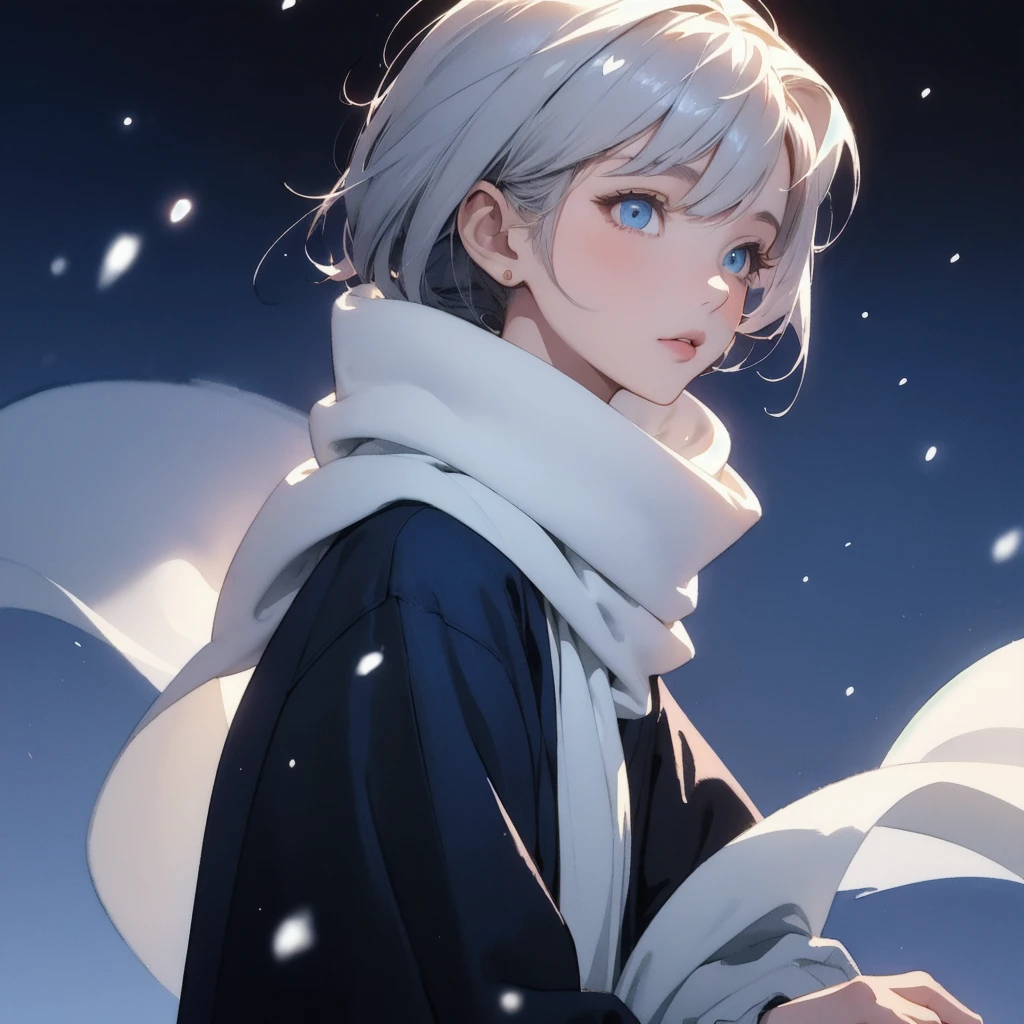 Beautiful girl in a white scarf wearing a dark blue duffel coat, watercolor illustration, gray bob hair, shining hair, falling snow, beautiful digital illustration, fantasy background, beautiful, masterpiece, highest quality, anime Disney style, (detailed eyes) , golden ratio, perfect composition