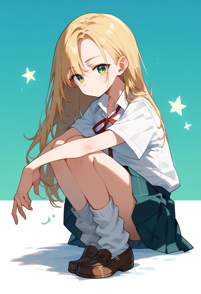 masterpiece, (score_9,score_8_up,score_7_up,score_6_up), 1 girl, green eyes, little sassy, bitch / cockslut / whore, skinny, tsurime, asymmetrical bangs, ponytail , (blond hair:1.3), (school uniform), (white collared shirt, plain pattern shirt, short sleeves, shirt tucked in:1), (red plain pattern narrow neck ribbon:1.2), brown loafers, white loose socks ,