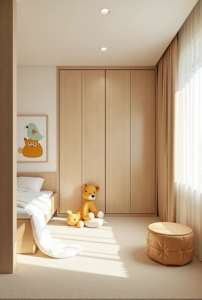 Professional 3d architecture rendering design of modern and light moss and so light Thunder and light cream and light orange color wooden Modern and minimal design for chid bedroom and light cream carpet with animals painting and white painting wall and light wooden closet with animals painting and modern ceiling lighting and modern curtains for chid room and the child global bed and safety chair for chid