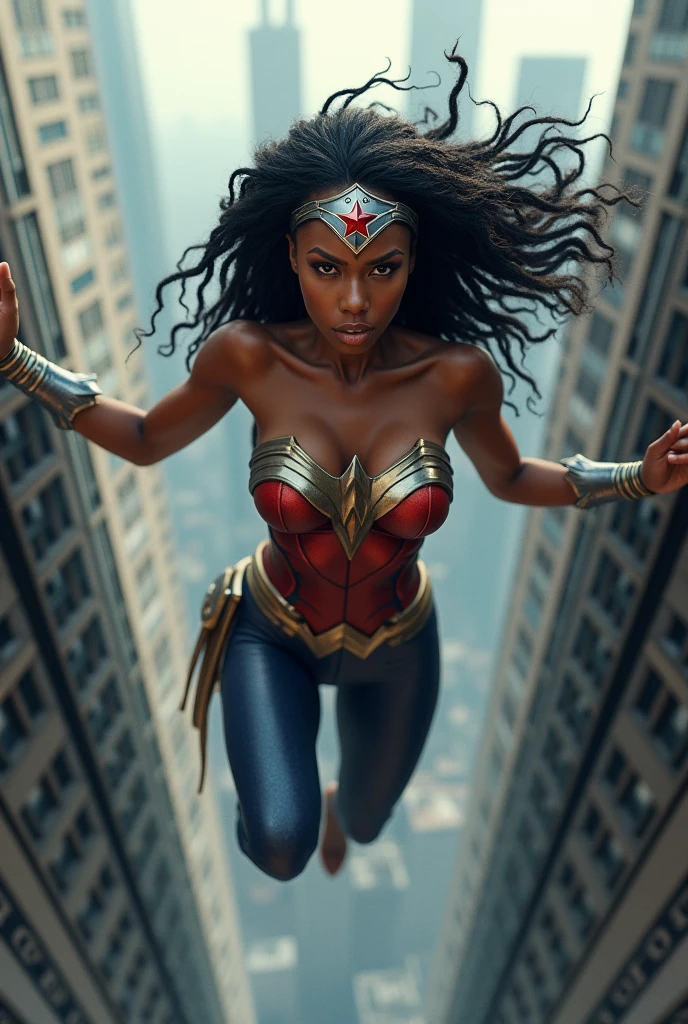 A beautiful black-skinned woman with long black hair and dreadlocks under the mantle of the Amazon warrior Wonder Woman, a red corset and blue leggings fitted to her statuesque body, silver bracelets, a silver diaema with a red star on her forehead, on her knees, jumping out of a window from a skyscraper 