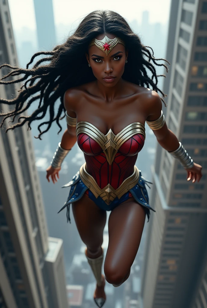 A beautiful black-skinned woman with half black hair and half silver dreadlocks under the cloak of the Amazon warrior Wonder Woman in a black leather jacket and red corset and black leather pants with long red boots up to the knees Wonder Woman diaema on her forehead