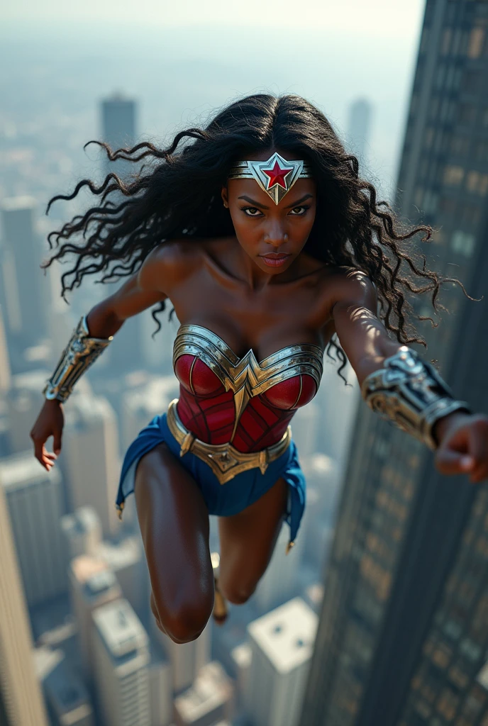 A beautiful black-skinned woman with long black hair and dreadlocks under the mantle of the Amazon warrior Wonder Woman, a red corset and blue leggings fitted to her statuesque body, silver bracelets, a silver diaema with a red star on her forehead, on her knees, jumping out of a window from a skyscraper 