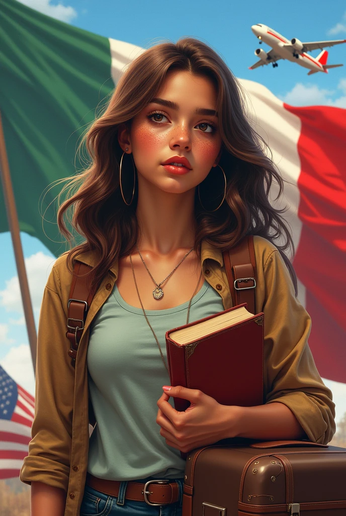 A girl with freckles, long brown hair, brown eyes with a Mexican and American flag, a plane, suitcases and a book in her hand
