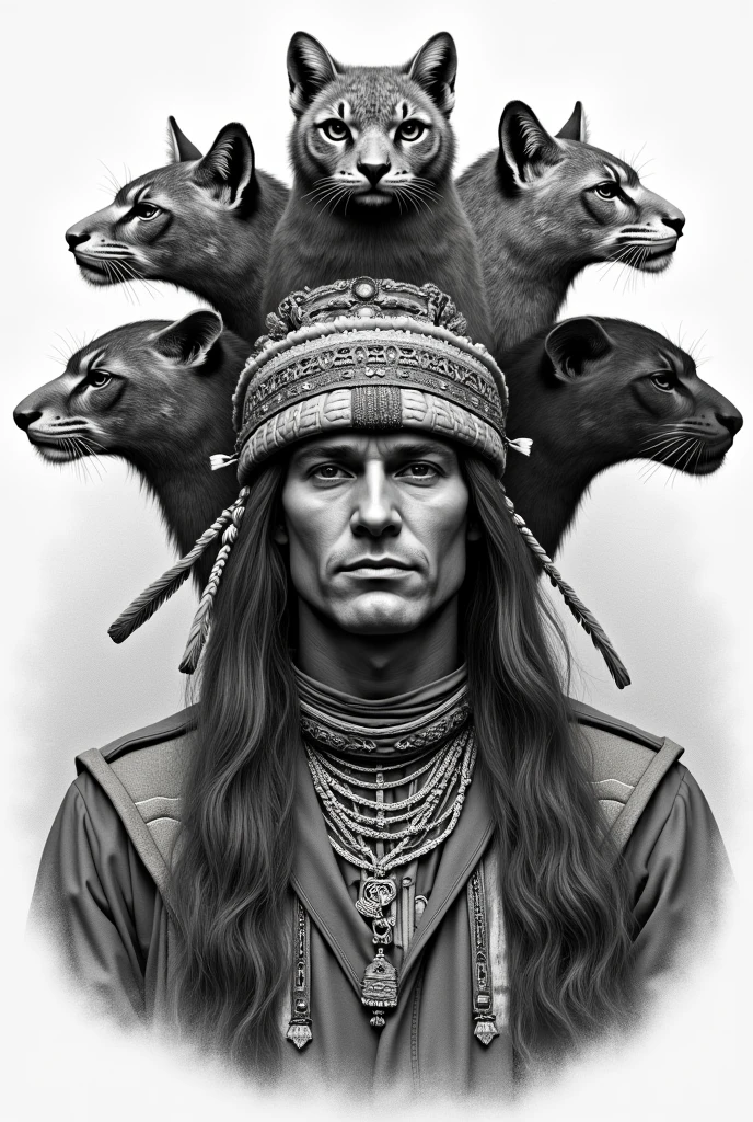 Create a beginner engraving-type drawing with a man with a headdress where you can see the head of an eagle, An owl , a panther and a jaguar