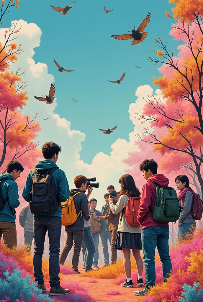 I have to creatively create a poster for a film festival, The theme is to intervene in history and requires using photos other than black and white of students making films.. I must use an official palette of a pastel sky blue, pastel pink and a pastel copper color, They want me to intervene in the images with different techniques, with crayons, figures embroidered on the image, Textures, collage, etc. The name of the film festival is FICUC. I want you to create suggestions for the poster right now, Make it look handmade and remember that the poster is advertising a film festival.
