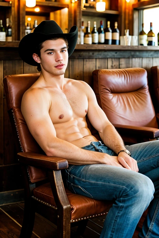 Young handsome cute white skin soft skinny beautiful in a cowboy bar sitting on armchair with 3 handsome men beside him