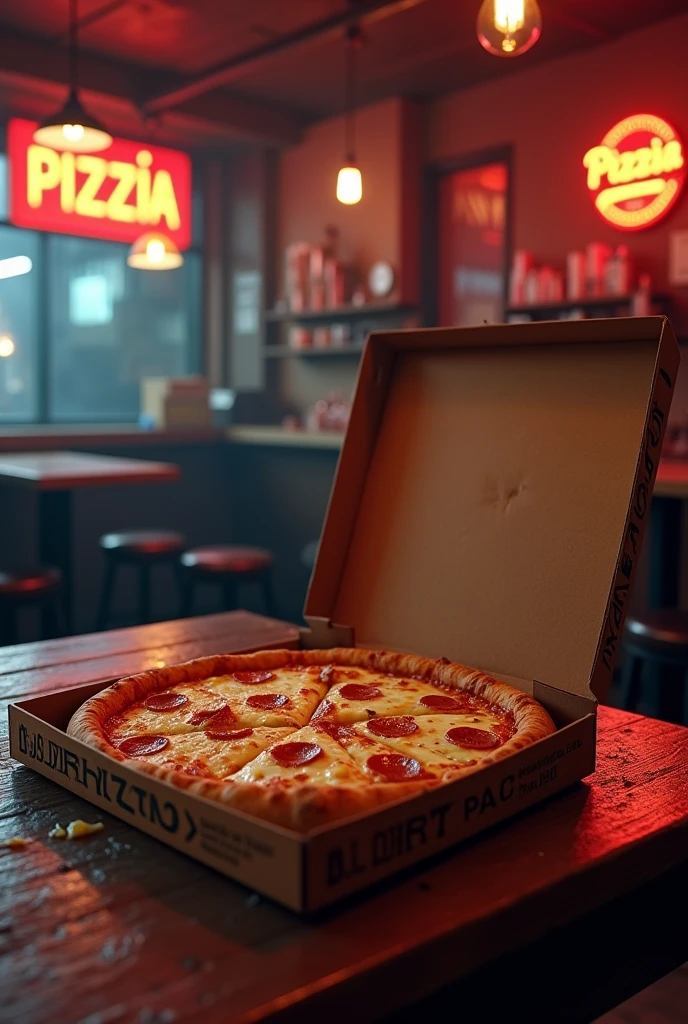 Estilo Hard-Rock anos 80's. A rock bar, a table in front with a half-open mozzarella pizza box, missing some slices and cheese dripping. On the lid of the pizza box there is a logo with the name: "pizzIA".