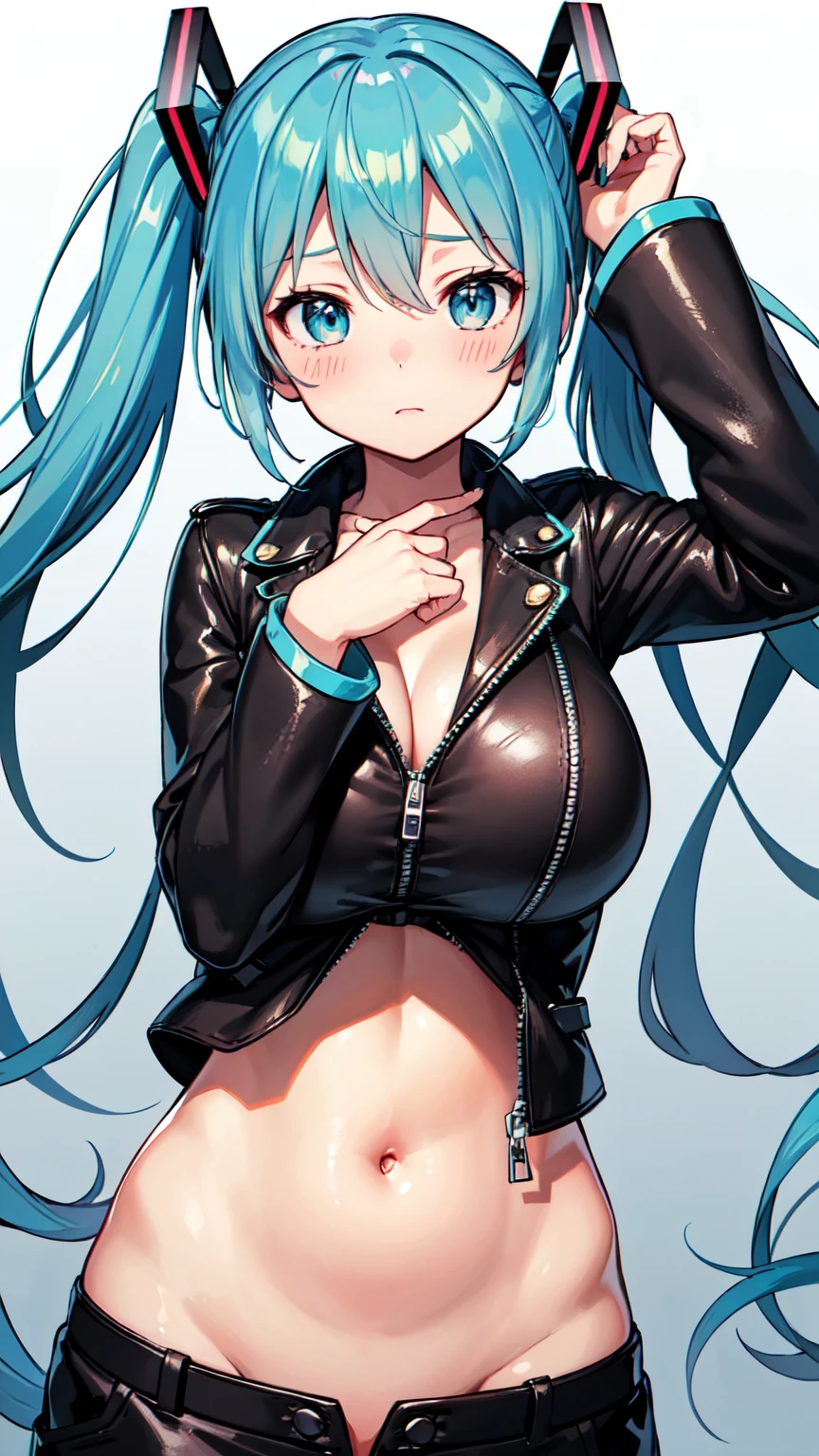 (((masterpiece))), Highest quality, Very detailed, blush, Cute and playful, Huge, leather jacket,Hatsune Miku Vocaloid, Twin tails, Light blue hair, Fluffy Hairstyles, Elastic breasts, Heartwarming eyes, Gentle expression, belly button, Dynamic and cute pose.