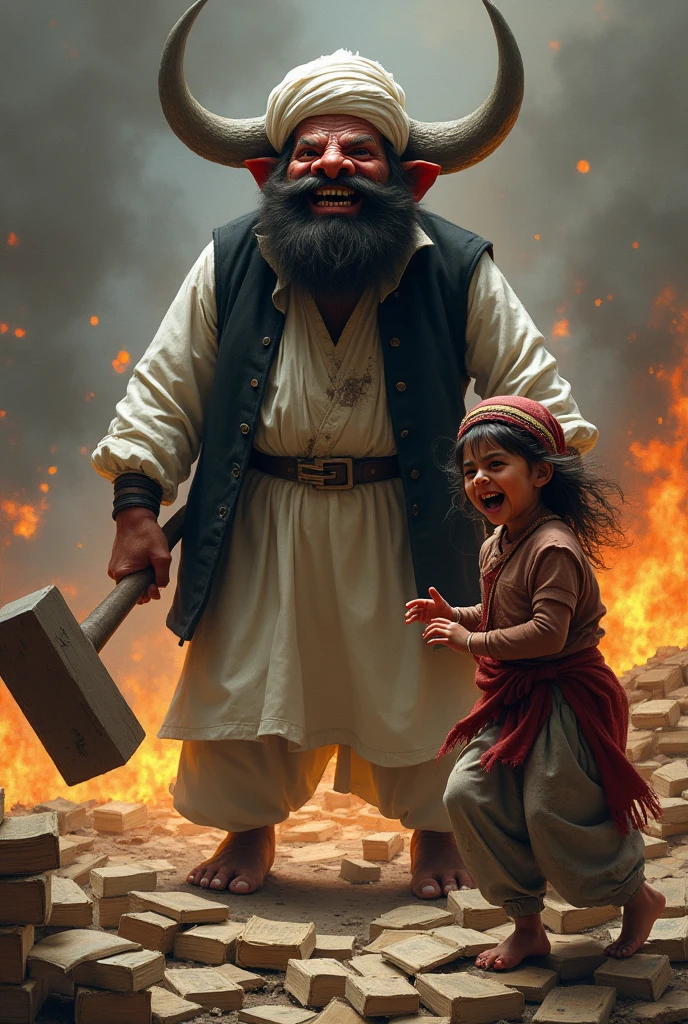Armed Taliban leader , big red eyes, angry pig face, big bearded, dirty donkey teeth, wearing white Afghan dress and black waist coat with white Afghan turban, donkey tail, having big bull belly, is tearing apart big book, burning a huge book pile. And a school girl in Afghan traditional dress is trying to snatch books from him, painful, depressed, crying. An armed man in complete military uniform holding a cup of tea in on hand and a big snake in other hand, stands near, laughing loudly