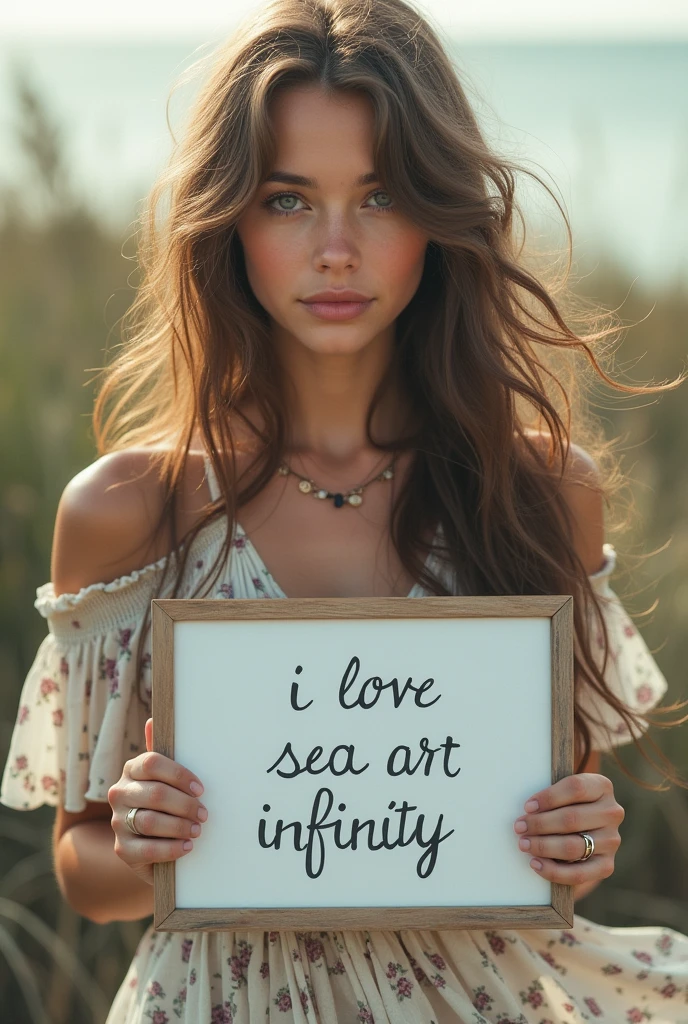 Beautiful girl with wavy long hair, bohemian dress, holding a white board with text "I Love Seaart Infinity" and showing it to the viewer