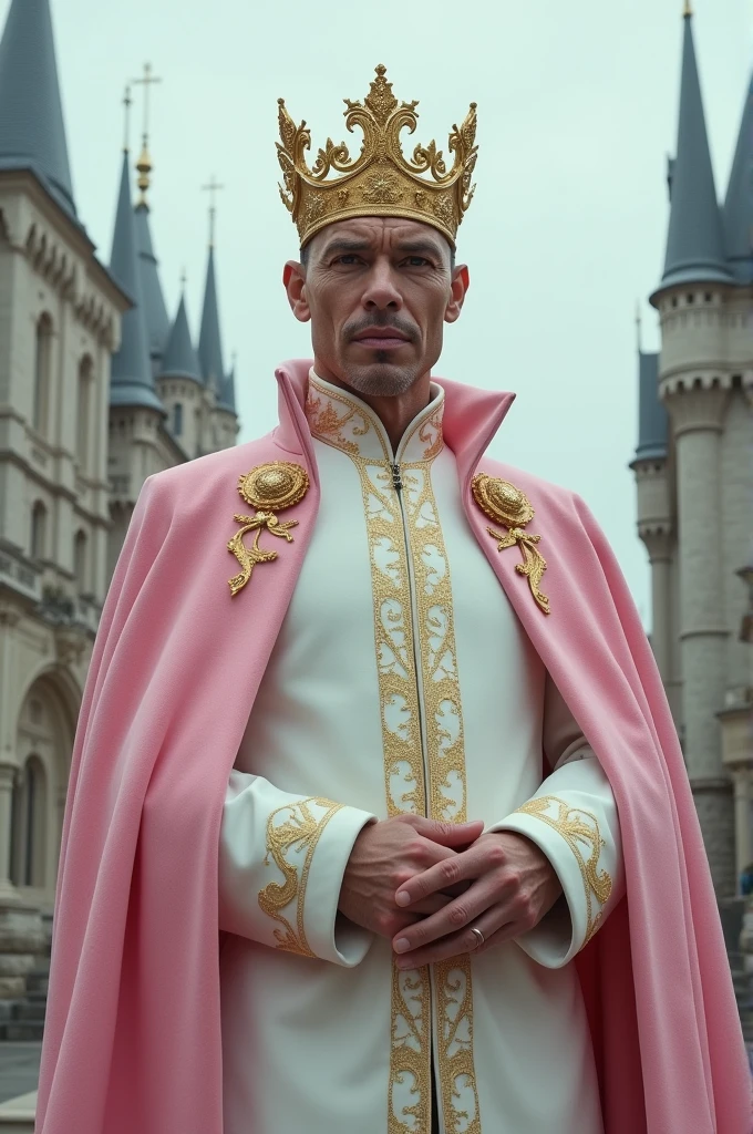 Cool white guy wearing white and pink royal clothes, wearing a golden crown, facing the camera, castle background