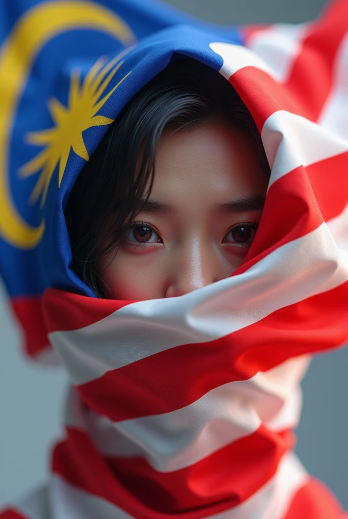 3d malaysian flag logo,repeated pattern,highly detailed,vibrant colors,realistic lighting,masterpiece,(best quality,4k,8k,highres,masterpiece:1.2),ultra-detailed,(realistic,photorealistic,photo-realistic:1.37),photorealistic,3D render,canvas,dynamic composition,studio lighting,physically-based rendering,extreme detail description,professional,vivid colors,bokeh. Human face underneath" perfect Malaysia flag"