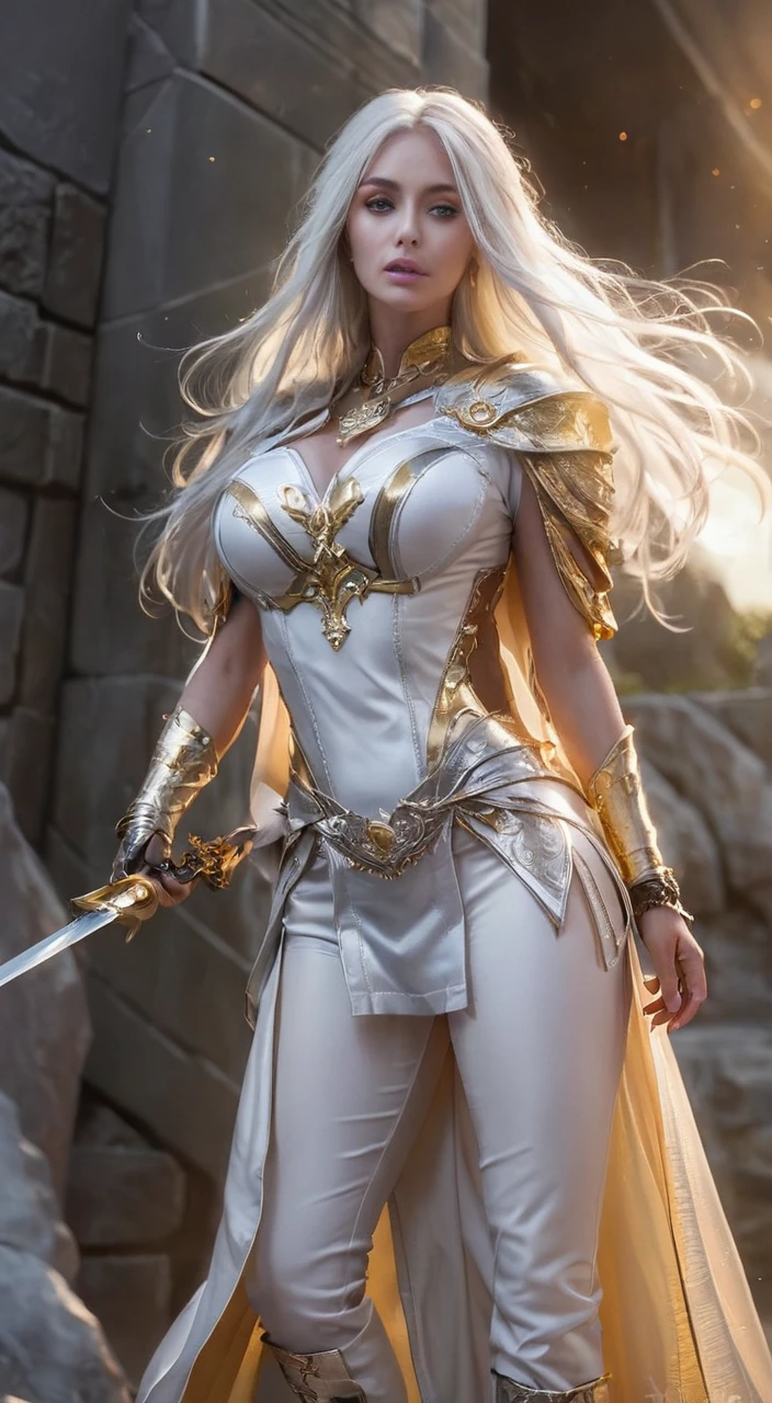 extremely beautiful woman, subtle makeup, golden hour, photorealistic, high contrast, 8k HD, detailed, hyper-detailed, realistic skin texture, long bronw hair, big breast, best quality, ultra high res, raw photo, dramatic lighting, unreal engine, diffuse glow  intricate silver eaba, white imperial cape, spear, sword, no helm. Over the knee high boots, high heels, white colors. Imagem full body