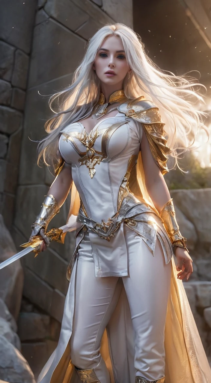 extremely beautiful woman, subtle makeup, golden hour, photorealistic, high contrast, 8k HD, detailed, hyper-detailed, realistic skin texture, long bronw hair, big breast, best quality, ultra high res, raw photo, dramatic lighting, unreal engine, diffuse glow  intricate silver eaba, white imperial cape, spear, sword, no helm. Over the knee high boots, high heels, white colors. Imagem full body