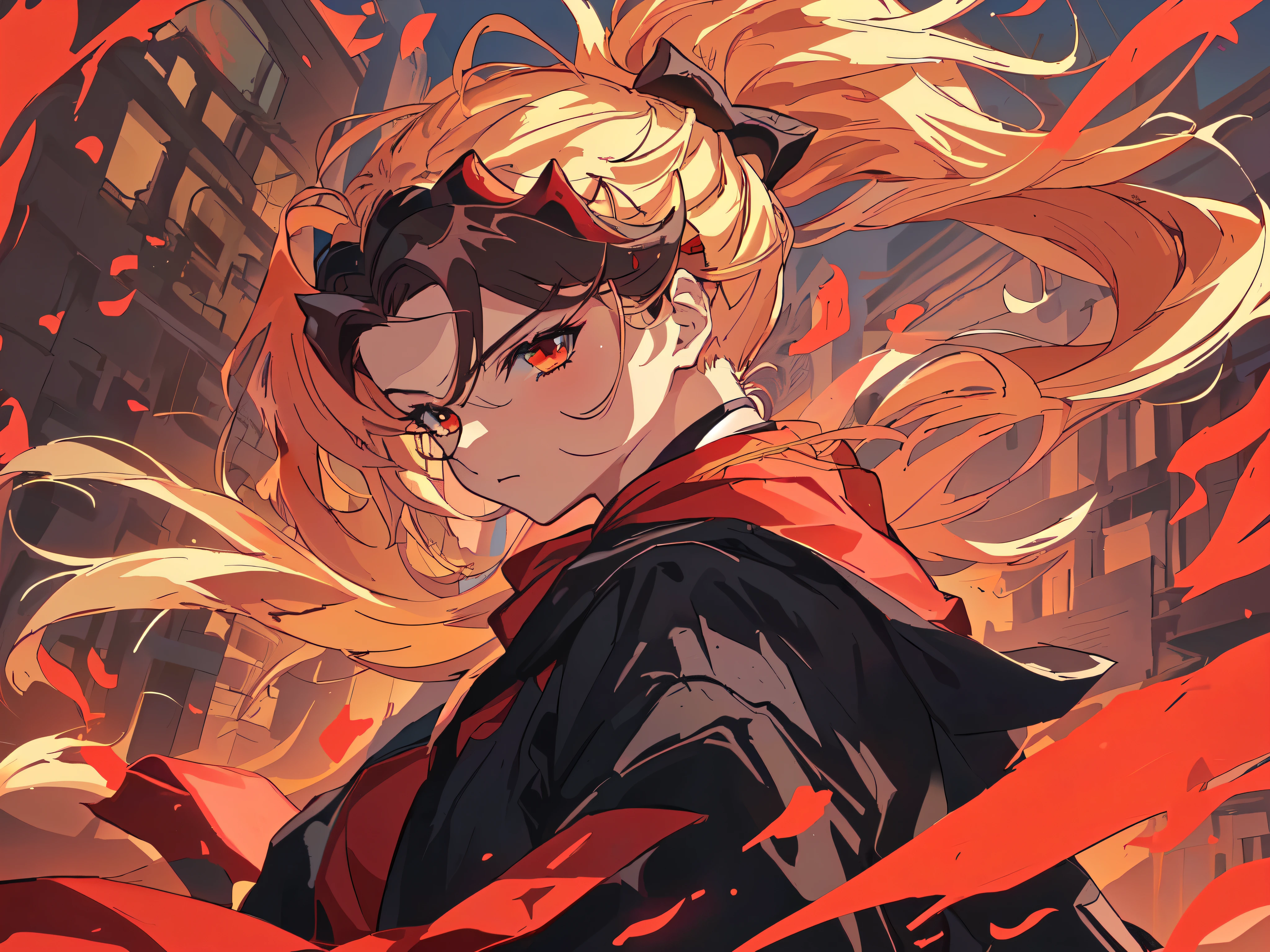 Anime girl with long blond hair and red cape in the city, Ghost Slayer Art Style, Anime style 4k, Demon Slayer Rui Fan Art, Bad guy anime 8k, The handsome guy in Demon Slayer, Epic anime style, 4k comics wallpaper, Anime Wallpaper 4K, Anime Wallpaper 4K, Anime Art Wallpaper 4K, Anime Art Wallpaper 4K, 4k anime wallpaper