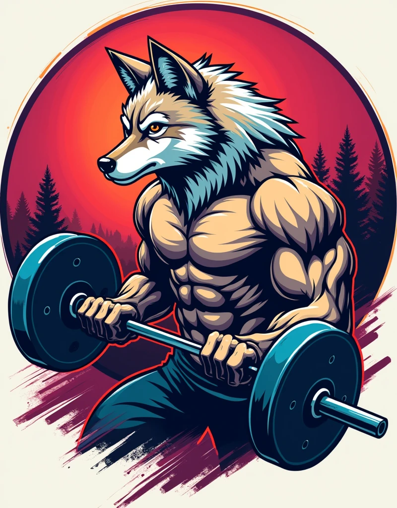 A realistic fitness wolf vector design svg, lifting weights, colourful, punchy colour, vibrant colours, puff design, printable design, in the circle, abstract colours, full colourful,