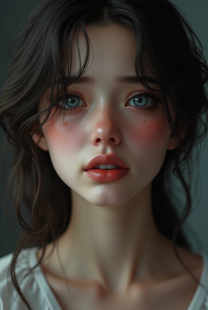 woman with dark brown wavy hair, blue eyes looking at someone while crying and smiling forcedly