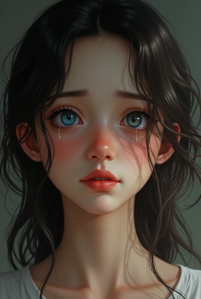 woman with dark brown wavy hair, blue eyes looking at someone while crying and smiling forcedly
