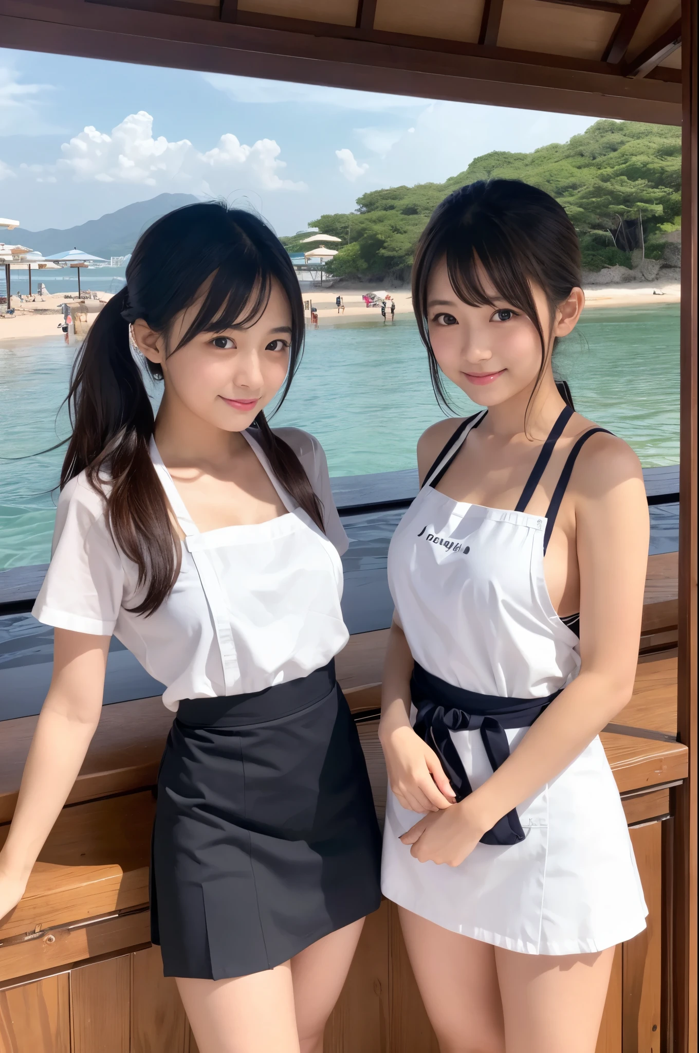 Two girls (2, Japanese cute face) are wearing white apron, mini skirt at the beach bar
