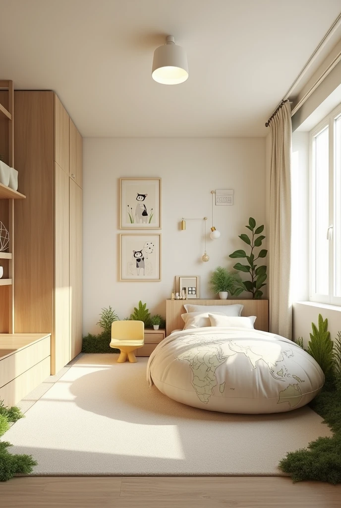 Professional 3d architecture rendering design of modern and light moss and so light Thunder and light orange and cream and wooden Modern and minimal design for chid bedroom and light cream carpet with animals painting and white painting wall and light wooden closet with animals painting and modern ceiling lighting and modern curtains for chid room and the child large bed similar globe and safety chair for chid