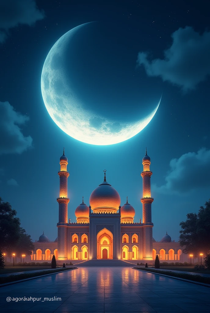 A beautiful mosque and moon behind the mosque. And a text write "Juma Mubarak" at the front
 And left corner write "@gorakhpur_muslim"