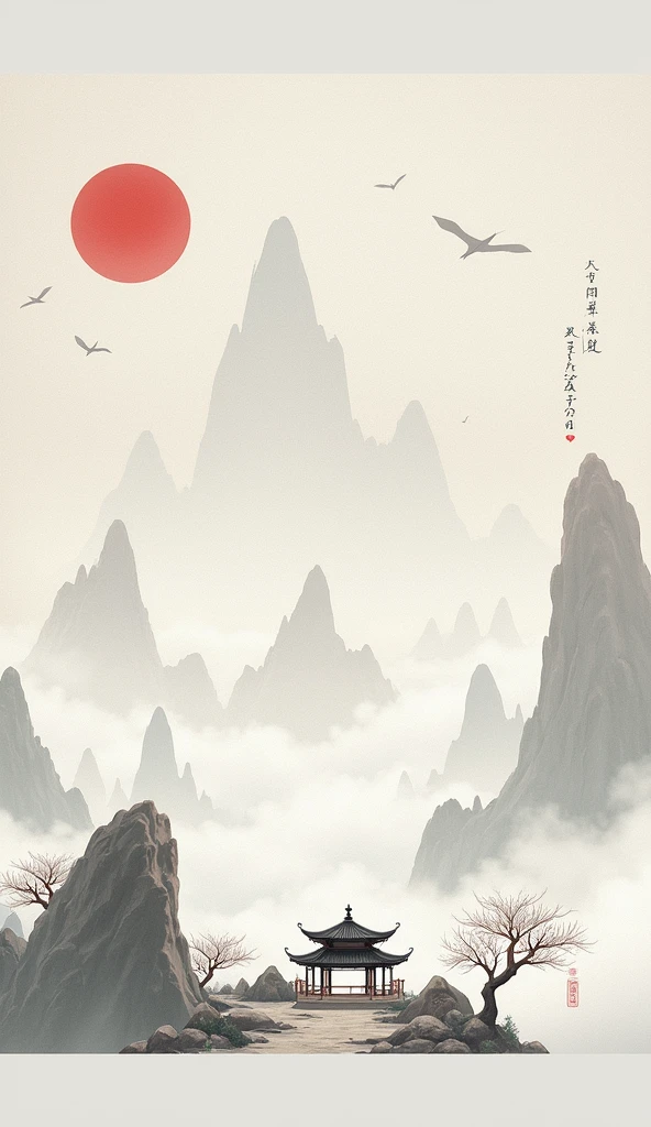 Chinese style，Mountain，cloud，pavilion，Ink Painting，Elegant，Magnificent momentum，Leave white space in the middle of the screen，element