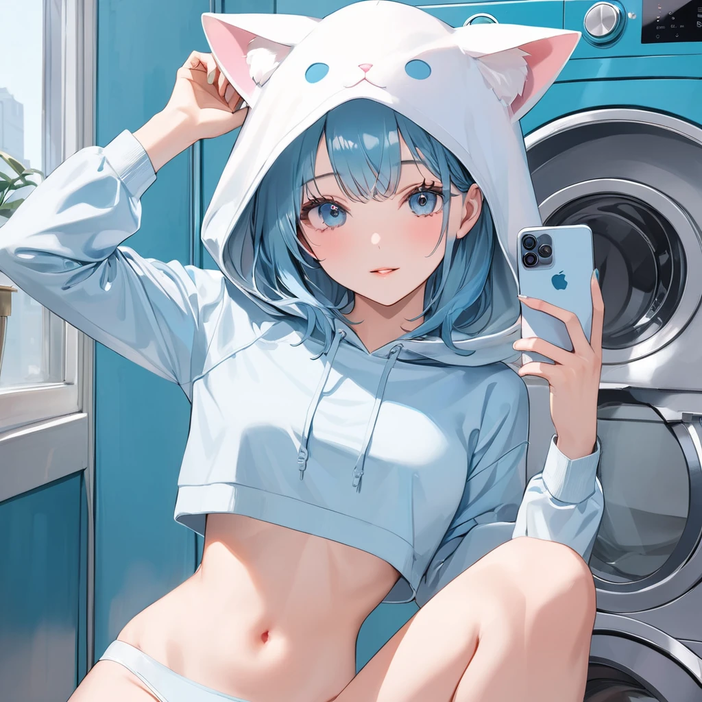 NSFW, (anime art),(masterpiece),(highest quality:1.2),((Perfect Anatomy)),(Perfect Fingers:1.3),(1 girl),(solo),(white hoodie costume:1.3),(put a hood on head:1.3),(white cat ears on hood:1.3),beautiful and detailed blue eyes,girl with a pretty face,pastel blue hair,(Hold a smartphone with one hand and operate it with one hand),(in retro laundromat),(retro blue washing machine),(pastel blue theme), (crop top) (stomach exposed) (pussy exposed) ,wide shot 