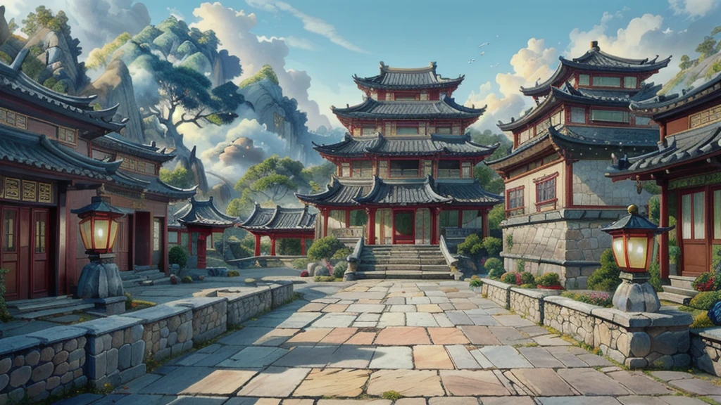 中国Ink画,  masterpiece , best quality, Ink画，Guo Chao，Ink，（Xianxia scene，Fantasy fairyland scene，Pavilions，architecture具有东南亚特色，cloud雾缭绕：1.5），outdoor，Sky，daytime，cloud，Tree，Blue sky，nobody，window，plant，architecture，landscape，lantern，stairs，Potted plants，architecture，东亚architecture，landscape