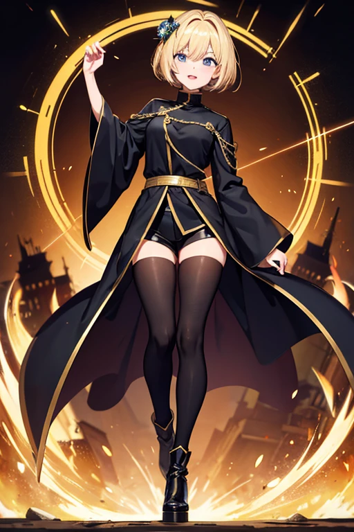 Anime Art、Full body portrait、Dark basement、Attacking with golden chains、A female wizard, about 160cm tall and about , wearing a black long-sleeved robe and black leather shorts, walking.、The hairstyle is a wide short cut、Blonde、Laughing with mouth open、Fished out eyes、Lifeless blue eyes、Gold Hair Ornament、Long boots with thick soles、Black tights