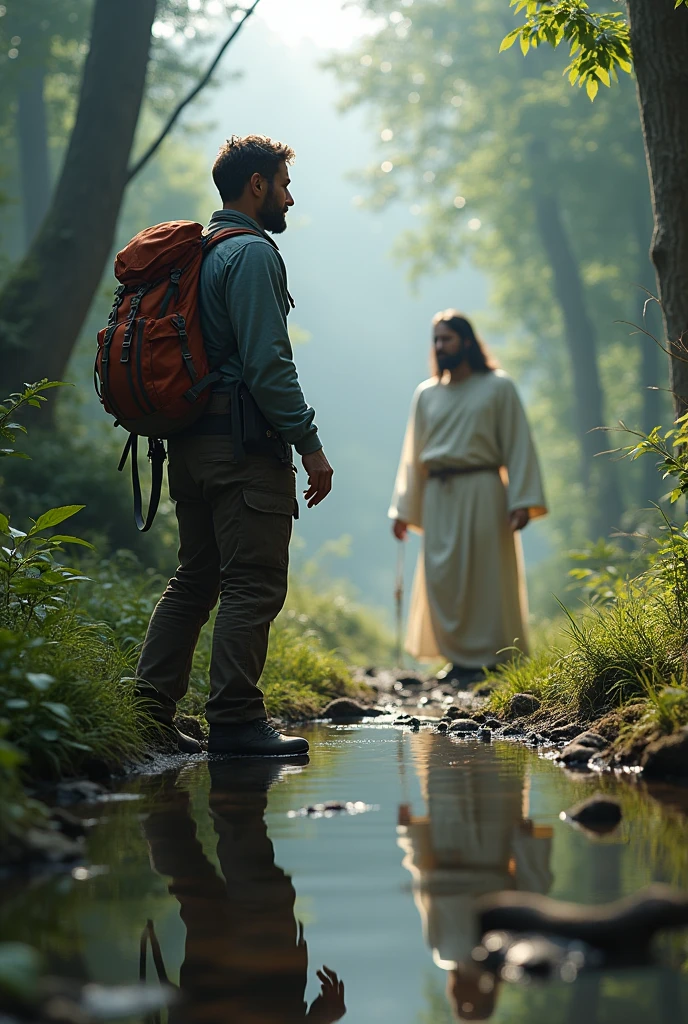 A man with a backpack and mountain climbing gear reflecting in a wooded area with Jesus by his side 