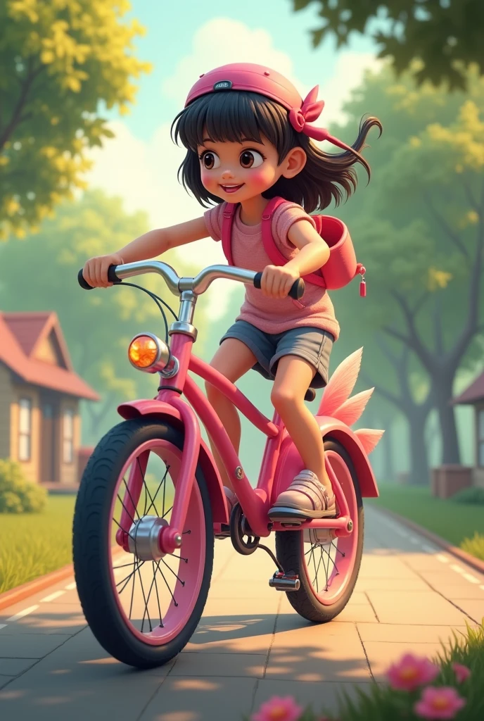 Flamingo bike,realistic, with a girl, flamingo