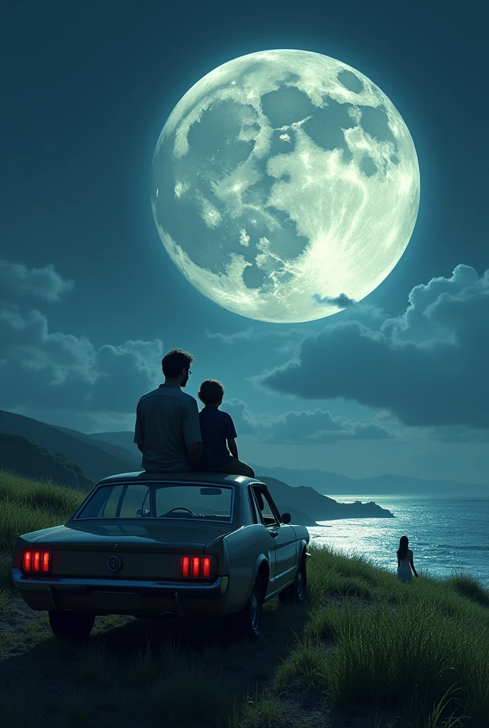 super moon in night landscape with grass and a car and a man and his son on top of the car and his wife far away near the sea