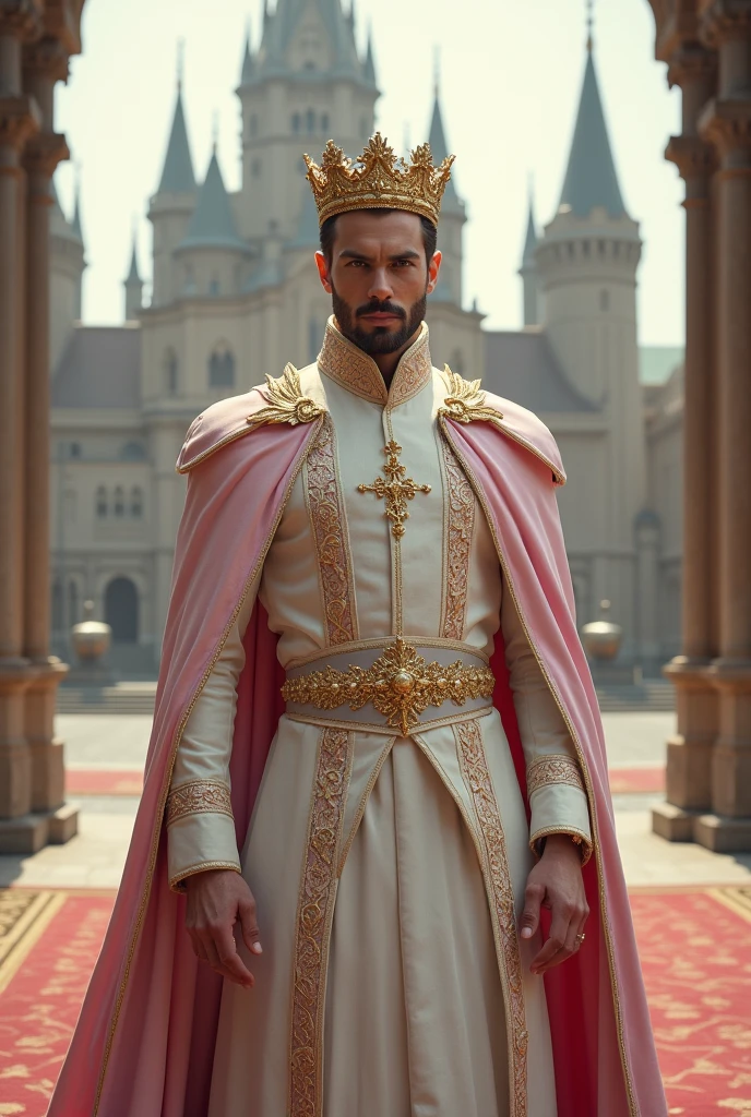 A cool white guy wearing a white and pink royal outfit, wearing a golden crown, facing the camera, castle background