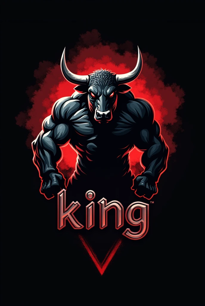Design a powerful and dynamic logo for a brand featuring a strong, muscular bull as the central figure, symbolizing strength, power, and determination. The bull should have well-defined muscles, with a stance that conveys energy and dominance, embodying the essence of strength and leadership. Use sharp, angular lines to emphasize the bull's muscular build and add a sense of intensity. Incorporate bold, dark tones like black, deep red, or metallic gray to create a fierce and commanding presence. The logo should include the word 'KING' in a bold, modern font that complements the aggressive and regal vibe of the design
