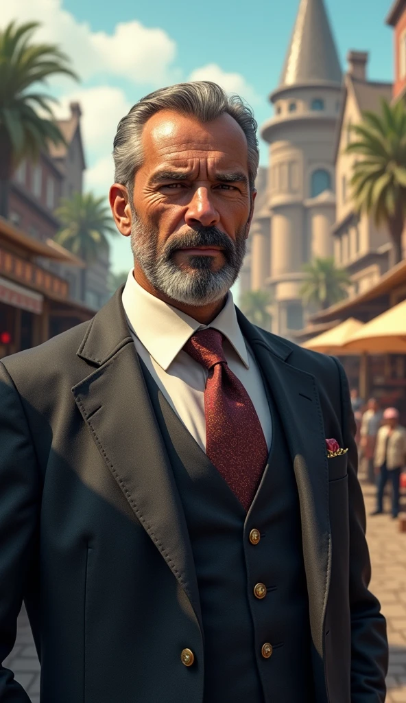 Victor is a tall, middle-aged man in his late 40s, always dressed in luxurious garments. His tailored suits are made of fine fabrics, and he often wears a gold ring to symbolize his success. He has a neatly trimmed beard and a stern, serious expression, with sharp eyes that are always calculating. Describe a bustling market in a vibrant city, where wealth and poverty exist side by side. Introduce the contrast between Victor’s luxurious mansion in the distance and the humble market stalls where people like Lily sell their handmade goods.