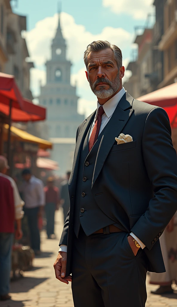 Victor is a tall, middle-aged man in his late 40s, always dressed in luxurious garments. His tailored suits are made of fine fabrics, and he often wears a gold ring to symbolize his success. He has a neatly trimmed beard and a stern, serious expression, with sharp eyes that are always calculating. Describe a bustling market in a vibrant city, where wealth and poverty exist side by side. Introduce the contrast between Victor’s luxurious mansion in the distance and the humble market stalls where people like Lily sell their handmade goods.