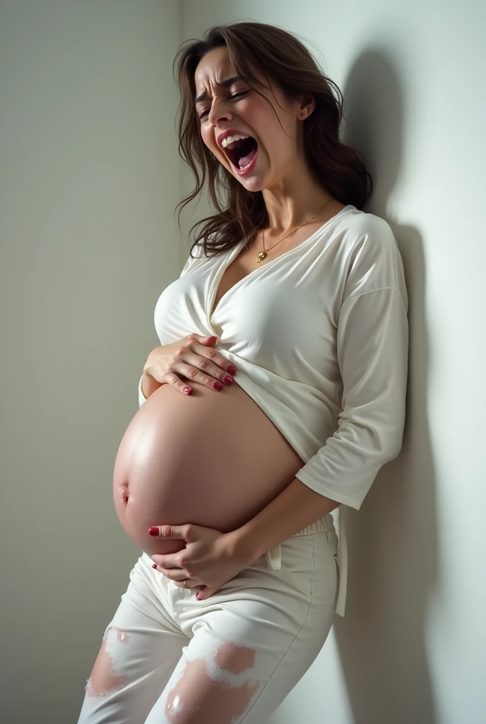 sexy pregnant girl in white joggers and white blouse, in pain, screaming, water broken, wet joggers, holding stomach with one hand, holding wall with another hand, unable to stand, stand difficulty with the support of wall, tears, leaning with wall, pain, getting wet